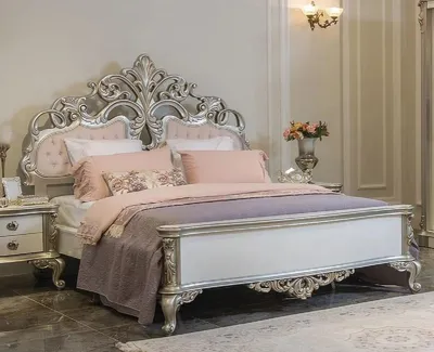 Produktbild von Casa Padrino Luxus Barock Doppelbett Rosa / Weiß / Silber 200 x 228 x H. 175 cm - Edles Massivholz Bett mit Kopfteil - Prunkvolle Schlafzimmer Möbel im Barockstil