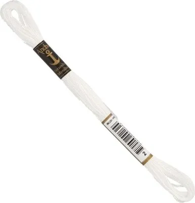 A single skein of white embroidery thread on a white background.