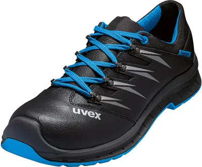 A black and blue uvex safety shoe is shown against a white background.