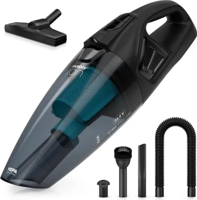 A black and gray handheld vacuum cleaner with various attachments, displayed on a white background.