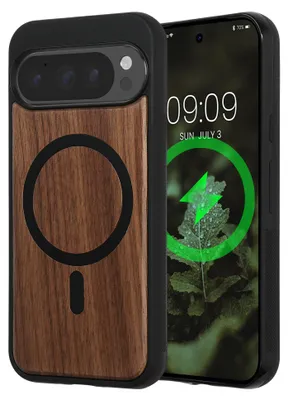 Produktbild von kwmobile Hülle für Google Pixel 9 / Pixel 9 Pro Handyhülle - Cover aus Holz und TPU - Kompatibel mit MagSafe - Case in Dunkelbraun Holz
