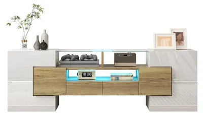 Image de Meuble TV - Meuble pour télévision - Support TV - Meuble multimédia - Meuble de salon - Blanc brillant - Éclairage LED