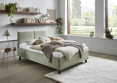 Produktbild von Meise Möbel Polsterbett Piano 140x200 cm | Doppelbett | Bettgestell | Kopfteil mit tiefem Einzug | Strukturstoff Hellgrün | Holzfuß schwarz
