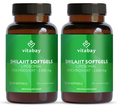 Produktbild von Vitabay Mumijo Shilajit Kapseln – 240 vegane Softgels – hochdosiert mit 2.000 mg liposomalem Shilajit pro Tagesdosis – 80 % Fulvinsäure & 12 % Huminsäure – labor in Deutschland