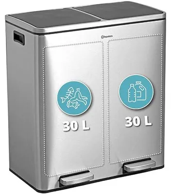 Imagen del producto de Silecomplaza Cubo de basura de 60 litros Quickx | Cubo de basura para la cocina de 2 x 30 litros | Cubo de basura de acero inoxidable | Cubo de basura con cubetas interiores | Sistema de separación de residuos de 2 compartimentos | Sistema de clasificación de residuos | Papelera | Cierre suave