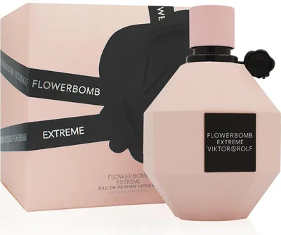 A bottle of Viktor & Rolf Flowerbomb Extreme perfume and its packaging are displayed against a white background.