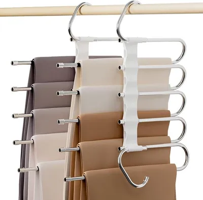 Produktbild von PolkaHome® Hosenhalter, Kleiderbügel, platzsparend, weiß, Kunststoff, 2 Stück, 5-in-1, faltbar, Kleiderschrank-Organizer
