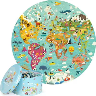 A circular world map puzzle with various animals, landmarks, and people depicted on it. A round blue tin containing puzzle pieces is shown next to the puzzle.