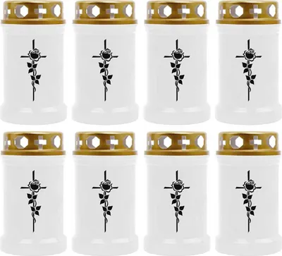 Produktbild von Grabkerze Weiß 8er Pack, Brenndauer: 40 Stunden ( je Kerze ), Motiv: Rose Kreuz