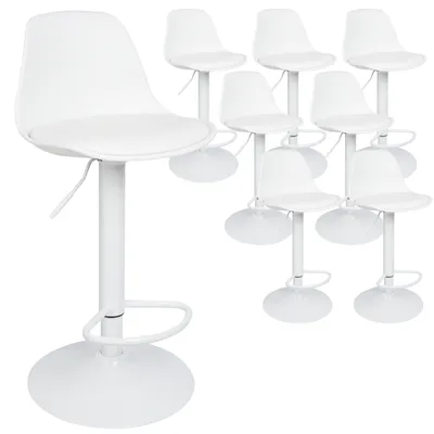 A group of white bar stools arranged on a white background.