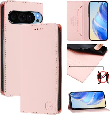 Produktbild von Lederhülle für Google Pixel 9 / Pixel 9 Pro Hülle Flip Brieftasche Kartenfächern Ständer Schutzhülle Pink