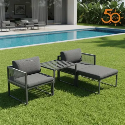 Outdoor lounge set by a swimming pool.