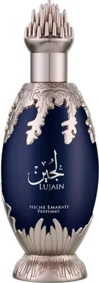 A perfume bottle with an ornate silver cap and base, against a white background.