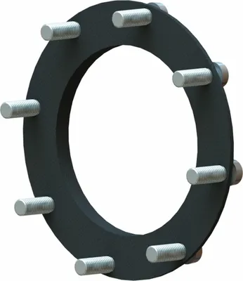 A black ring with multiple silver bolts protruding from it, set against a white background.