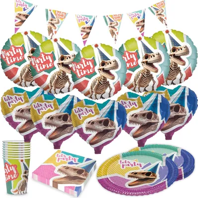 Produktbild von Dino Skelett – 5-teiliges Set mit Tellern, Bechern, Servietten & Dino-Ballons