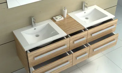 A modern bathroom vanity with two sinks and multiple drawers.