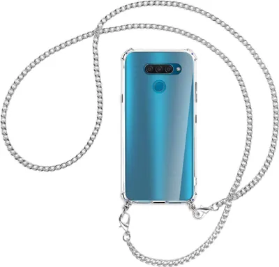 Produktbild von Handykette Backcover-Schutzhülle mit Band (Metall silberfarben) für LG Q60 - silberfarbene Kette