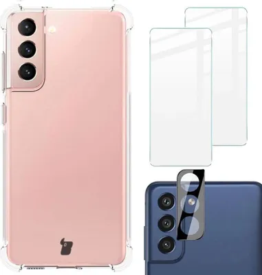 Produktbild von Bizon Case Clear Pack Hülle + 2x Bildschirmglas + Objektivglas Samsung Galaxy S21 FE klar