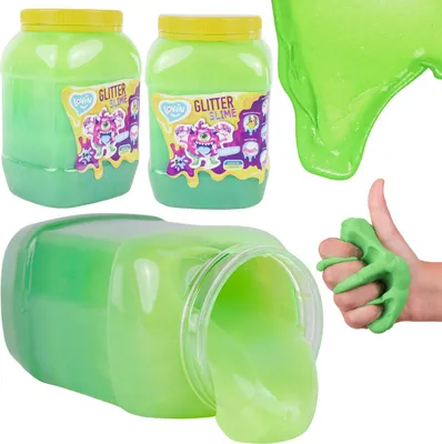 A collage of images showing green glitter slime in containers and being played with.