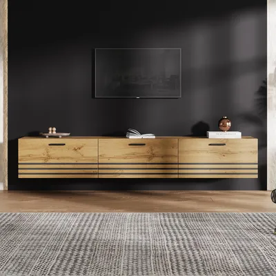Immagine prodotto di Mobile TV sospeso a parete, con 3 cassetti, maniglie in metallo, finitura effetto legno, adatto per televisori fino a 65 pollici, colore naturale