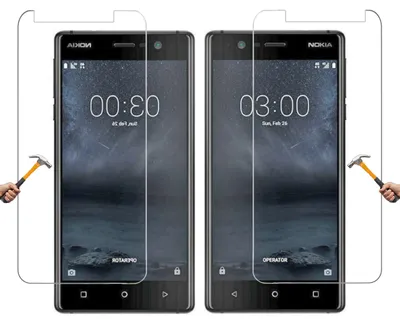Two Nokia smartphones with screen protectors applied, demonstrating their fit and coverage. A hammer is shown on each side, implying the protective quality of the screen protectors.