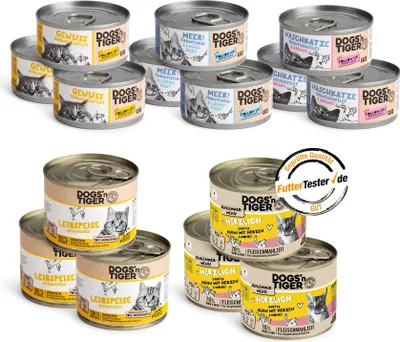 Obrázok produktu pre Dogs'n Tiger Adult krmivo pre mačky, vlhké krmivo, bez obilnín, mix balenie Top of the tops! Tiger, tuniak, losos, krevety a kuracie mäso, 15-dielna sada