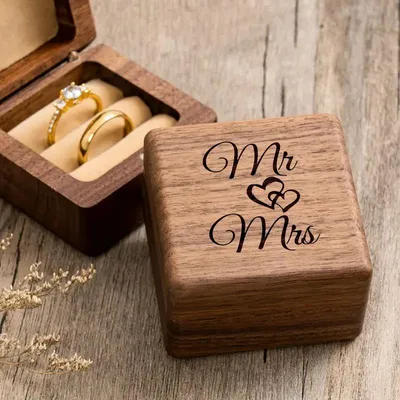 Produktbild von STUNQ® Verlobungs , Hochzeitszeremonie, Gravierte Ringbox aus Walnussholz, "Mr. & Mrs.", Ringkissen für 2 Ringe, Geschenkidee