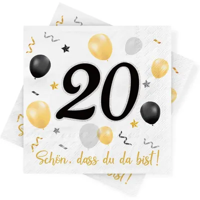 Productafbeelding van Servetten voor een 20e verjaardag, 30 stuks, zwart en goud, 3-laags, 33x33 cm