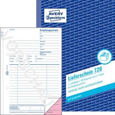 Produktbild von Avery Zweckform 726, Lieferscheine mit Empfangsschein, A5, mit Blaupapier, 2x50 Blatt