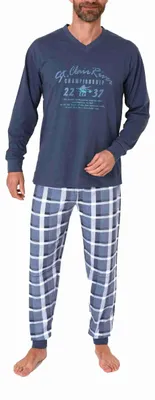 Produktbild von Herren langarm Schlafanzug Pyjama mit Bündchen und karierter Jersey Hose ; ,
