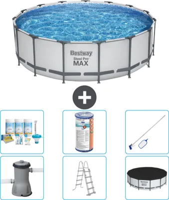 Produktbild von Bestway Round Steel Pro MAX Schwimmbad – 457 x 122 cm – Grau – inklusive Pumpe – Leiter – Abdeckung Wartungspaket - Filter - Reinigungskit