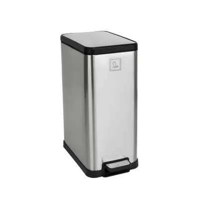 A silver trash can with a black lid and pedal, shown against a white background.