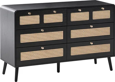 Produktbild von BELIANI Kommode Schwarz MDF Rattan Wiener Geflecht mit 6 Schubladen Goldene Griffe Boho Stil Schlafzimmer Wohnzimmer