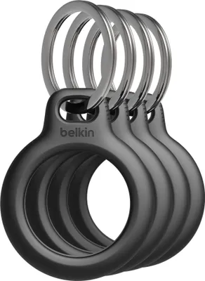 A group of four black Belkin keychains for Apple AirTags are shown against a white background.