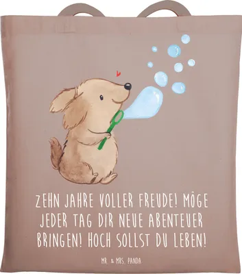 Produktbild von Mr. & Mrs. Panda Jutebeutel 10. Geburtstag Freude - Braun Pastell - Geschenk, Geburtstagsgeschenk, 10 Jahre, zehnter, Tasche, Einkaufstasche, Shopping, Tote Bag, Alter