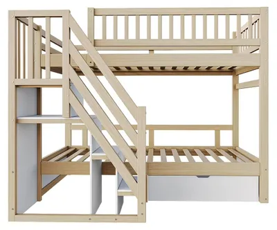 Image de Structure en bois massif - Lit pour enfant - 90 x 200 cm - Barrière de sécurité haute - Sommier à lattes - Échelle - Espace de rangement - Bois naturel