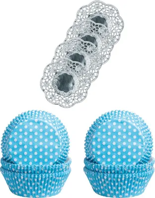Produktbild von Demmler Muffinförmchen 2er Set - Punkte Weiß/Türkis - Inklusive 4 Tassendeckchen in Silber - zum Backen und Verzieren von leckeren Muffins/Kuchen