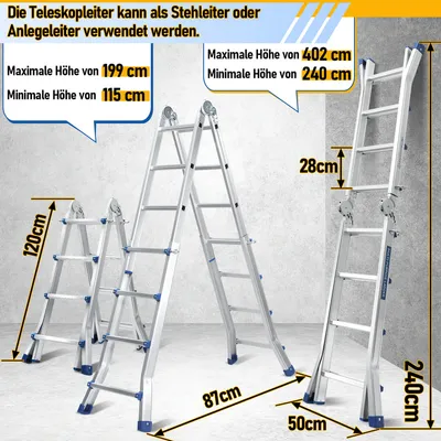 Obrázek produktu pro Jopassy teleskopický žebřík hliníkový lehký 4x4 úrovně stříbrný + multifunkční multifunkční žebřík víceúčelový žebřík výsuvný žebřík 15 stupňů z vysoce kvalitního hliníku nosnost 150KG