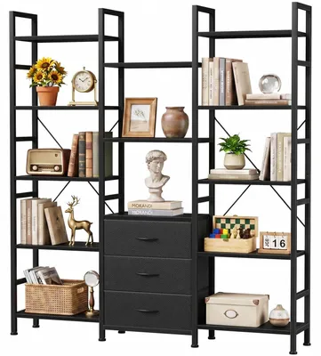 Image de Étagère bibliothèque avec 3 tiroirs, dimensions 120x168 cm, étagère autoportante, séparateur de pièce, couleur noire, en MDF