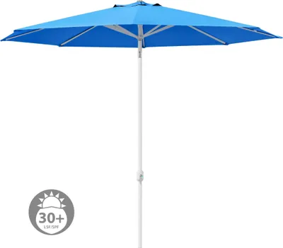 Zdjęcie produktu dla Parasol okrągły, 3,5 m, niebieski, do ogrodu lub balkonu, składany, z mechanizmem obrotowym, ochrona przed promieniowaniem UV, biała konstrukcja, paramondo interpara