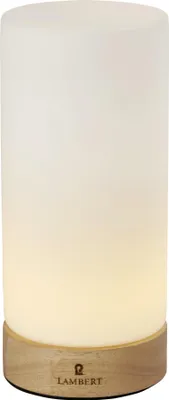 Produktbild von Magicee LED Leuchte H 23 cm D 10 cm Glaszylinder weiß, Holzfuß hell mit Lambert Aufdruck