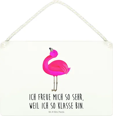 Produktbild von Mr. & Mrs. Panda Schild Flamingo Stolz DIN A4 - Weiß - Geschenk, Holzschild, Türschild, holzbild, glücklich, Beste Freundin, Selbstliebe, Deko Wandbild, Rosa, Holz