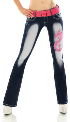 Image de STIDIA - Jean bootcut pour femmes, modèle évasé, avec différents motifs brodés, notamment un dragon