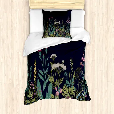 Obrázek produktu pro ABAKUHAUS Botanická sada povlečení, motiv kvetoucí louky s různými bylinkami a květinami venkovské krajiny, 135 x 200 cm + 80 x 80 cm, vícebarevné