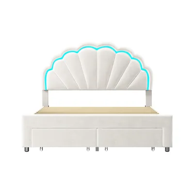 Produktbild von CDGlobal Polsterbett 140x200cm mit Steckdosen, Jugendbett Einzelbett  mit 2 Schubladen, Stauraumbett Massivholzbett mit LED und Lattenrost