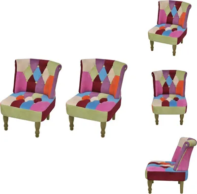 A collection of patchwork accent chairs on a white background.