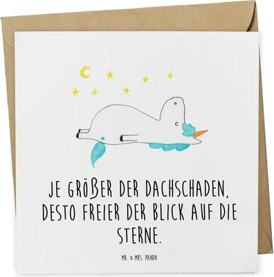 Produktbild von Mr. & Mrs. Panda Glückwunschkarte Einhorn Sternenhimmel - Weiß - Geschenk, doppelkarte, Klappkarte, Einhörner, Grußkarte, Dachschaden, anlasskarte, Unicorn, faltkarte