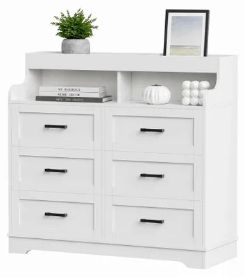 Image de Commode - 6 tiroirs - 3 étagères ouvertes - 110 x 40 x 99 cm - Bois - Style moderne - Blanc