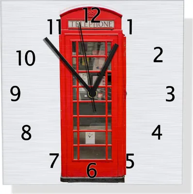 Produktbild von Wallario Design Wanduhr London Rote Telefonzelle aus Aluverbund, Größe 30 x 30 cm