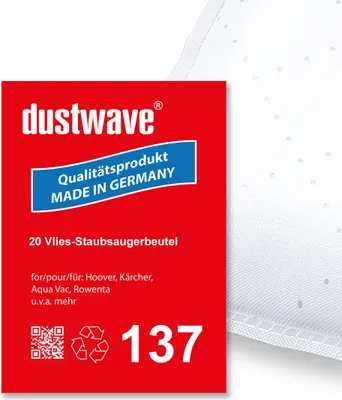 A red label with product information and branding is shown next to a white textured material.
